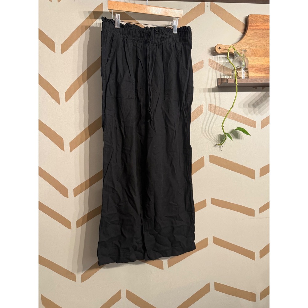 Baltic Born Wide Leg Pants Womens Size M Black Linen Blend Paperbag Waist Pocket